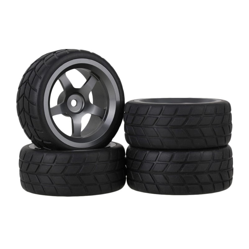 Mxfans Grey 5 Spoke Aluminium Alloy Wheel Rims & Black Square Pattern Rubber Tyres Tires for RC 1:10 On Road Racing Car Set of 4 - Image 1